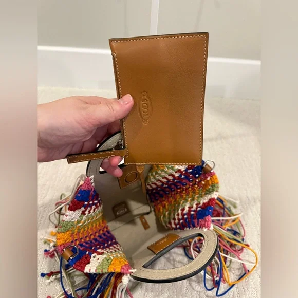 Tod’s Gommini shopping bag mini in leather and macrame multi color boho fringe